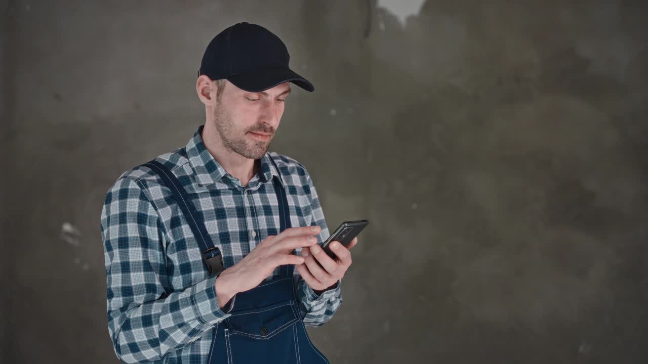 一个身穿工装裤、头戴格子帽的男子正在使用手机视频下载
