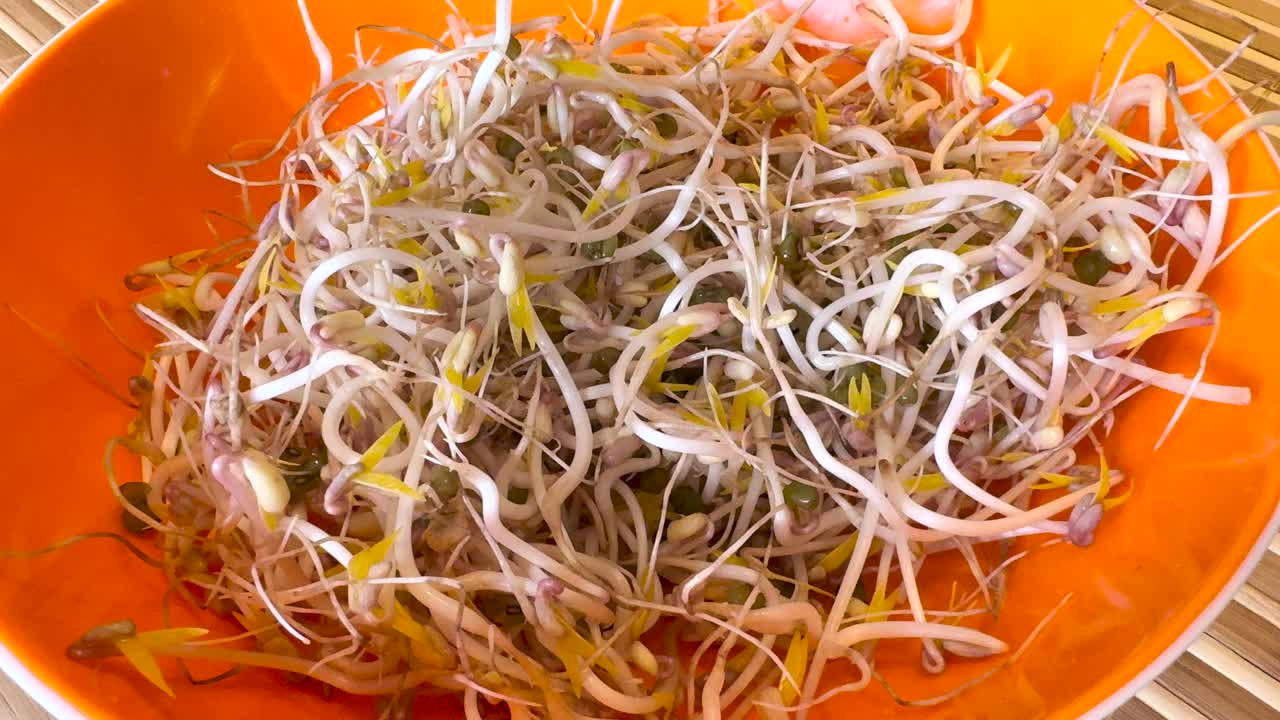 一堆发芽的绿豆，有小根，在竹背景上吃一个橙色碗。饮食概念，素食主义，纯素，健康产品和适当的营养。近距离视频下载