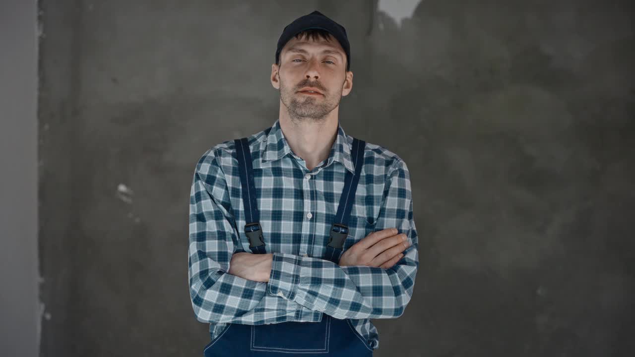 一个穿着格子衬衫和背带裤的男人双臂交叉地站着视频下载