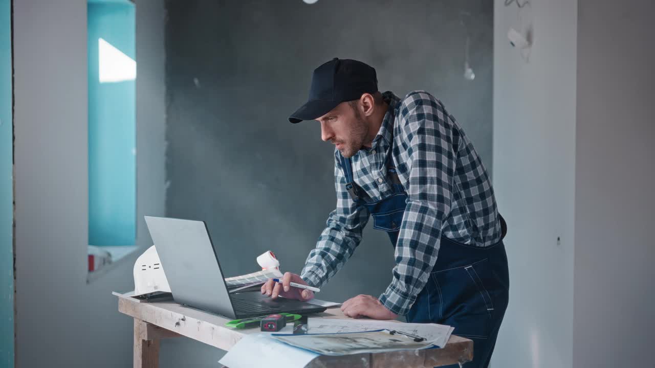 一名男性建筑承包商在建筑工地，用笔记本电脑处理一个项目。一位工程师正在用蓝图规划建筑工程。视频下载