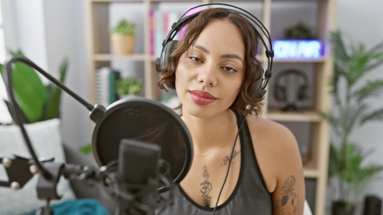 在广播演播室里，戴着耳机微笑着的女人对着麦克风说话，反映出一种现代的直播个性。视频下载