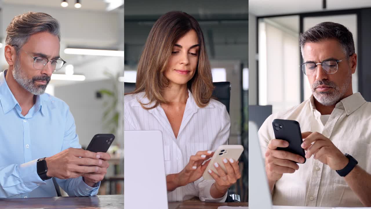 拼贴多元成熟的商人，在数字手机app上在线办公的女商人。40多岁的成熟商人，商人，女企业家使用智能手机视频下载
