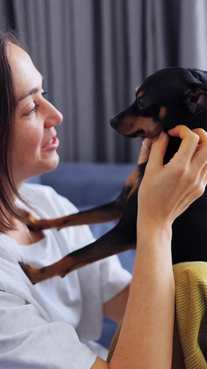 一个女人和一只小狗在沙发上消磨时间的肖像视频下载