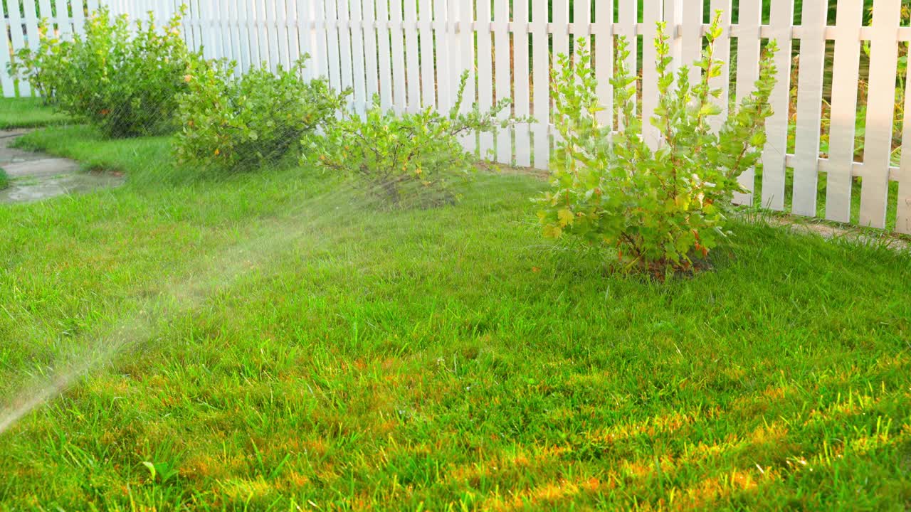晚上把花园里的水关掉。乡间庄园草坪和灌木的自动浇水装置视频素材