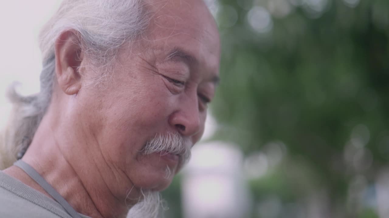 幸福老人的肖像，长长的白发，白胡子，在家的生活方式。视频下载