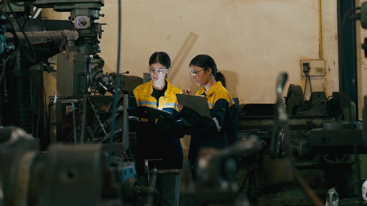 制造女工检查机器。视频下载