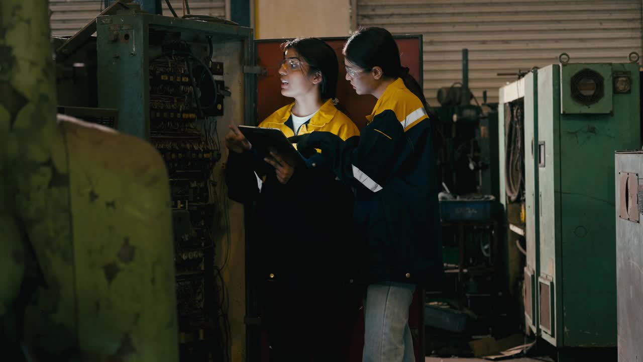女工检查机器。视频下载