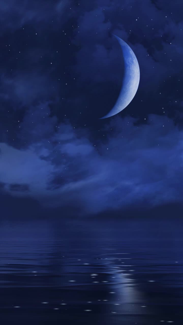 半月在繁星闪烁的夜空上平静的海面视频素材