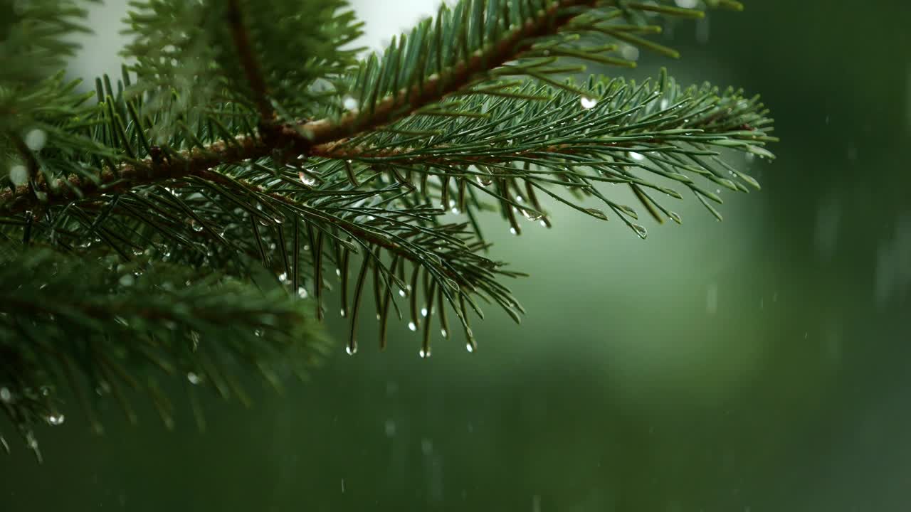 青松枝上的水滴。密林中的阵雨，降雨特写。针叶林的雨天。松叶上的慢动作雨滴。大雨落冷杉树枝。视频下载