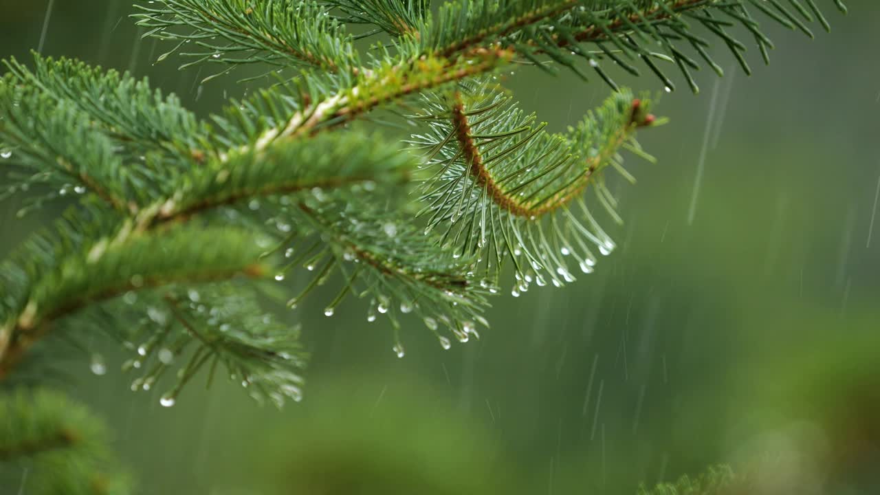 青松枝上的水滴。密林中的阵雨，降雨特写。针叶林的雨天。松叶上的慢动作雨滴。大雨落冷杉树枝。视频下载