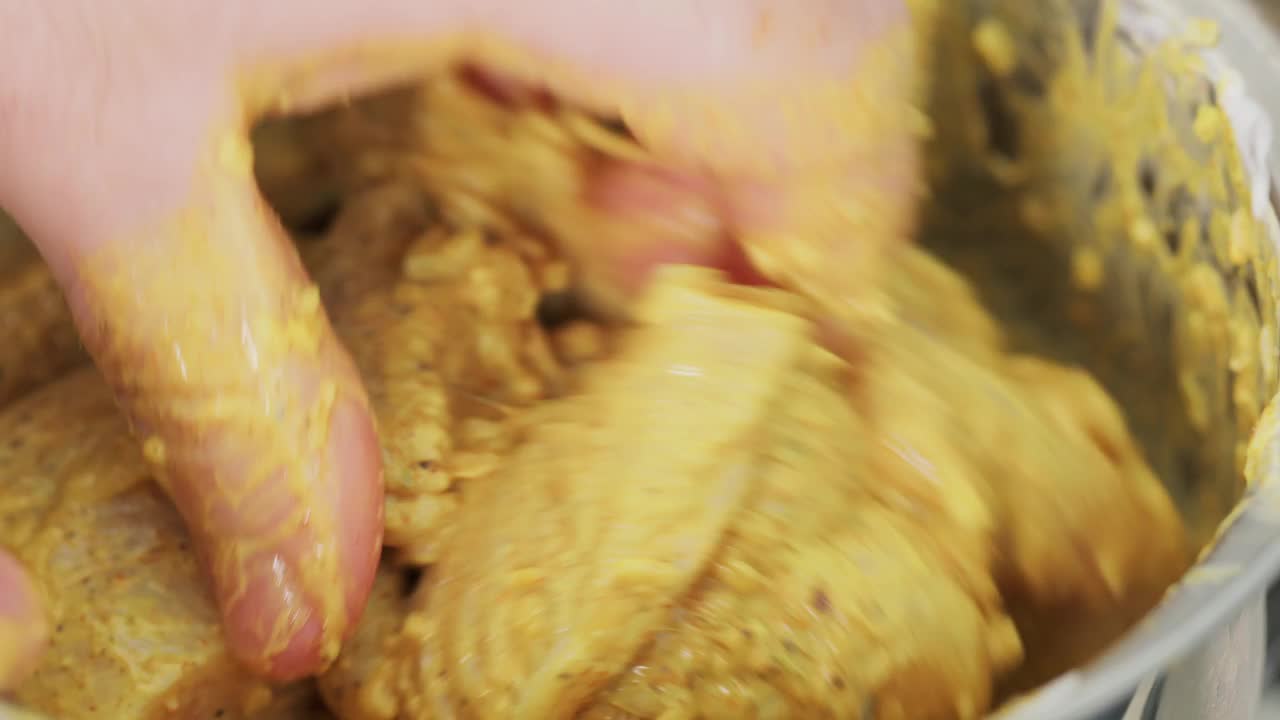 男子在炖锅中腌制鸡肉，准备印度菜鸡肉香饭，特写镜头视频下载