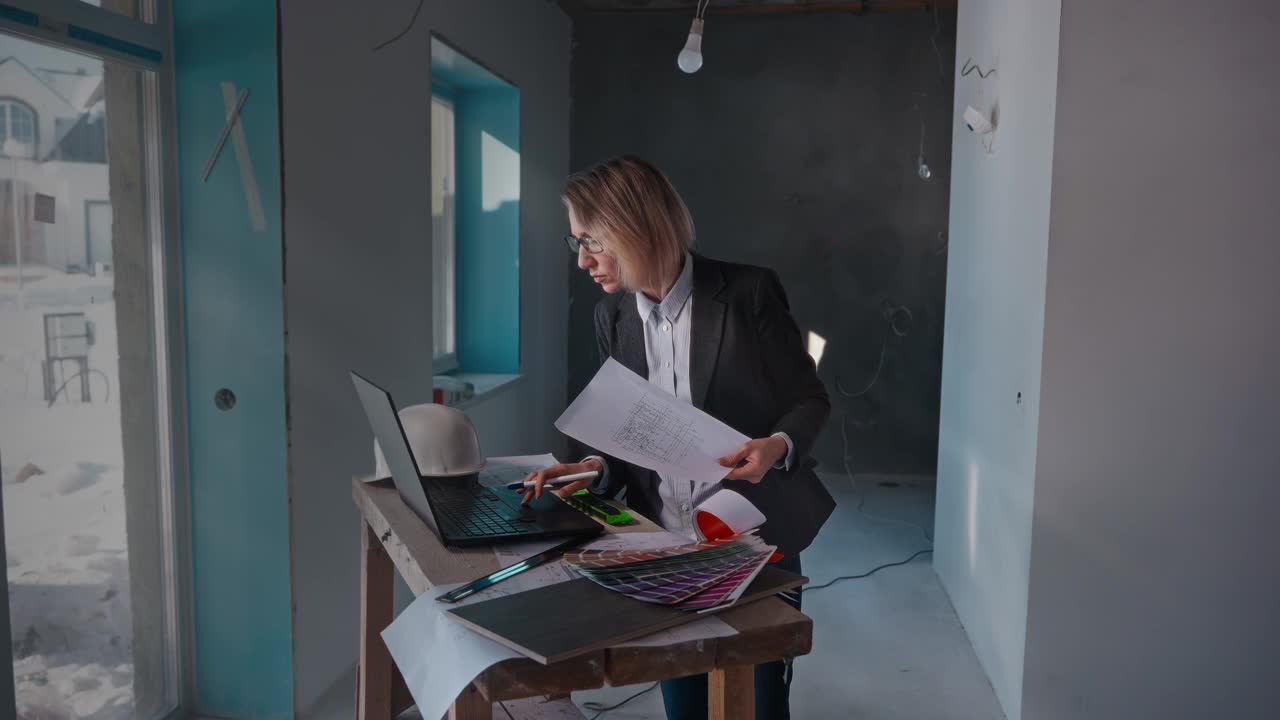 开发商的公司专家在建筑工地工作。一位女建筑师使用笔记本电脑和绘图。一位男建筑工人正在测量房间的尺寸。视频下载