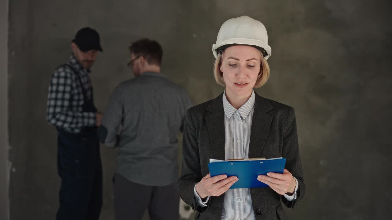 一名戴着安全帽的妇女在两名建筑工人面前拿着写字板视频下载