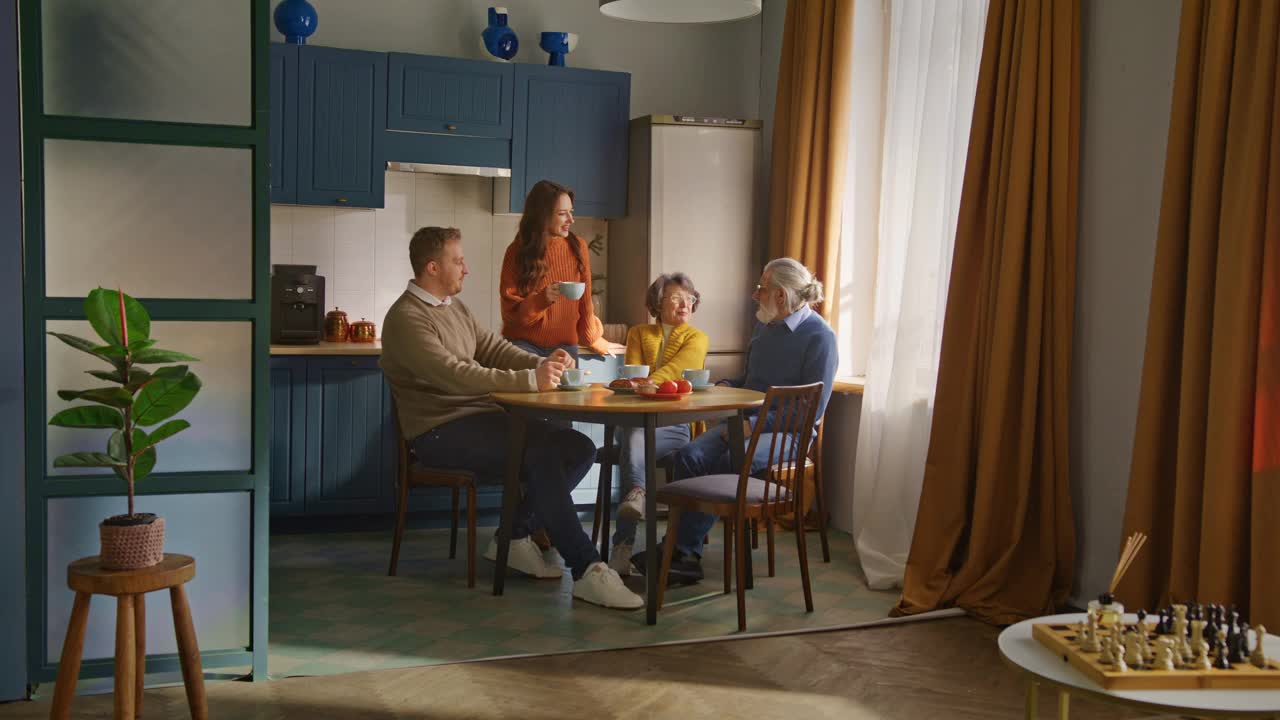 灰白头发的夫妇坐在厨房里听女人说话视频素材