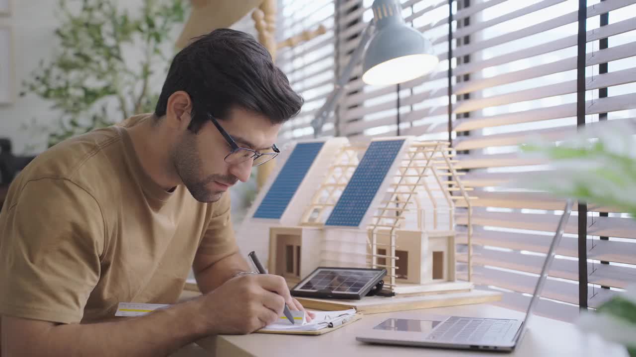 在中东担任建筑师，建立现代住宅设计模型项目的细节，并在办公室查看平面图。在屋顶安装太阳能板，节约电能，减少全球变暖视频下载