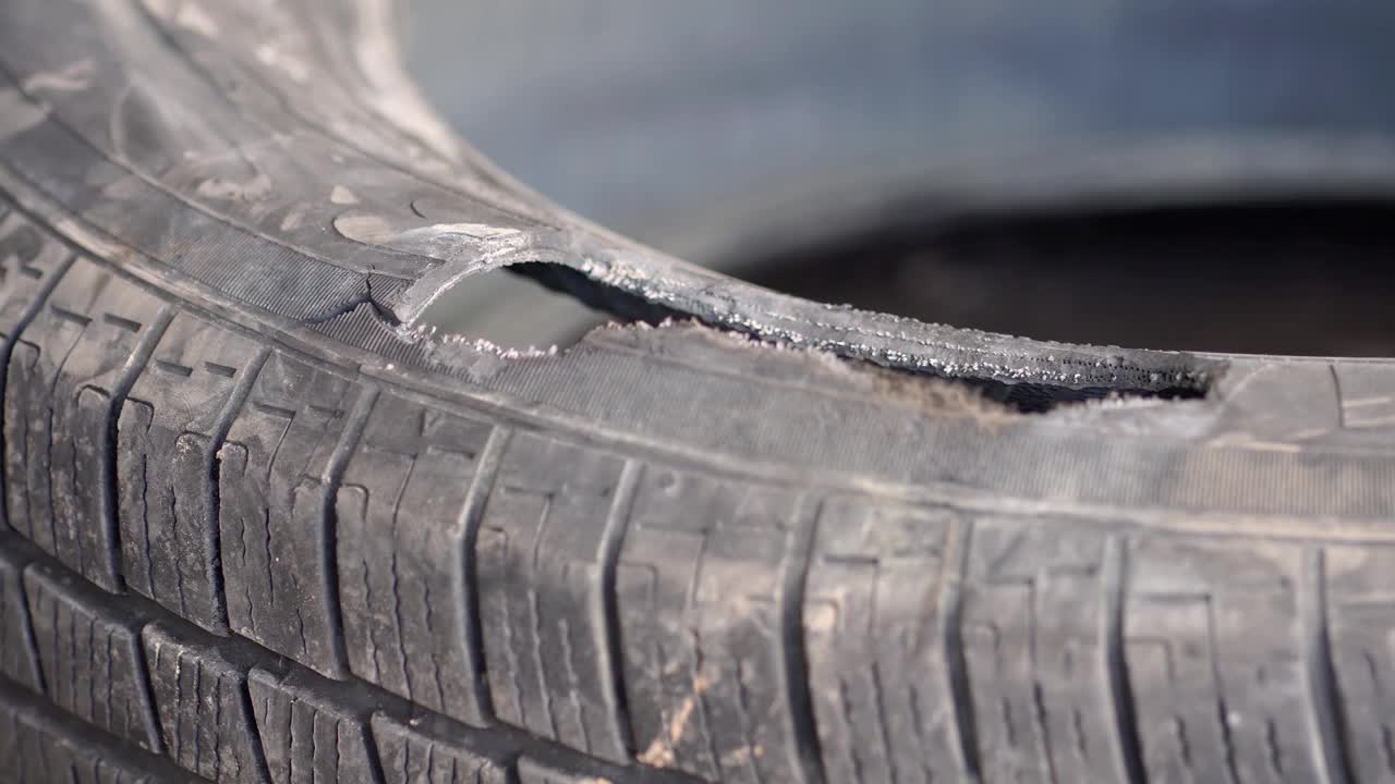 损坏的车轮和破损的轮胎视频下载