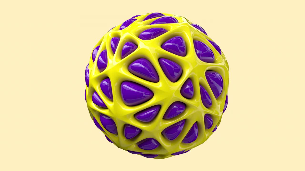 黄色抽象三维旋转和扭曲外星人球体点缀着紫色气泡。生物形态概念。视频下载