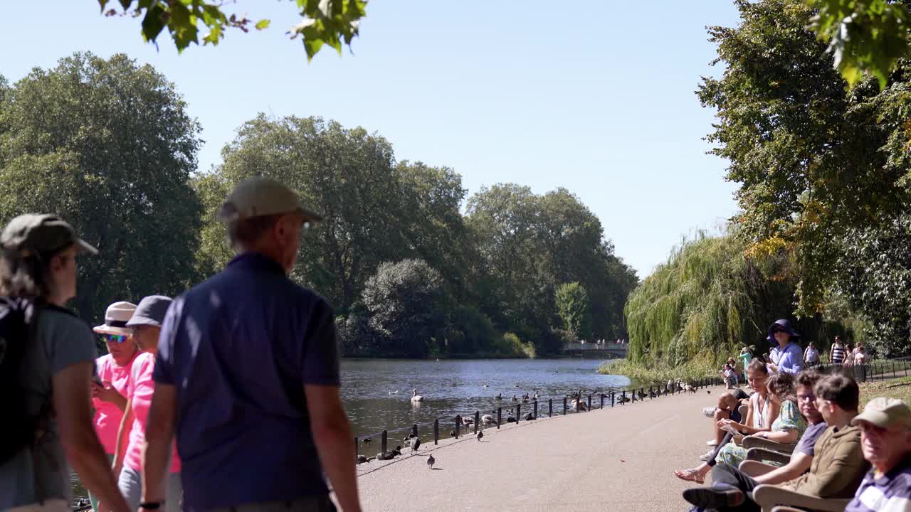 夏末，人们在伦敦圣詹姆斯公园放松视频下载