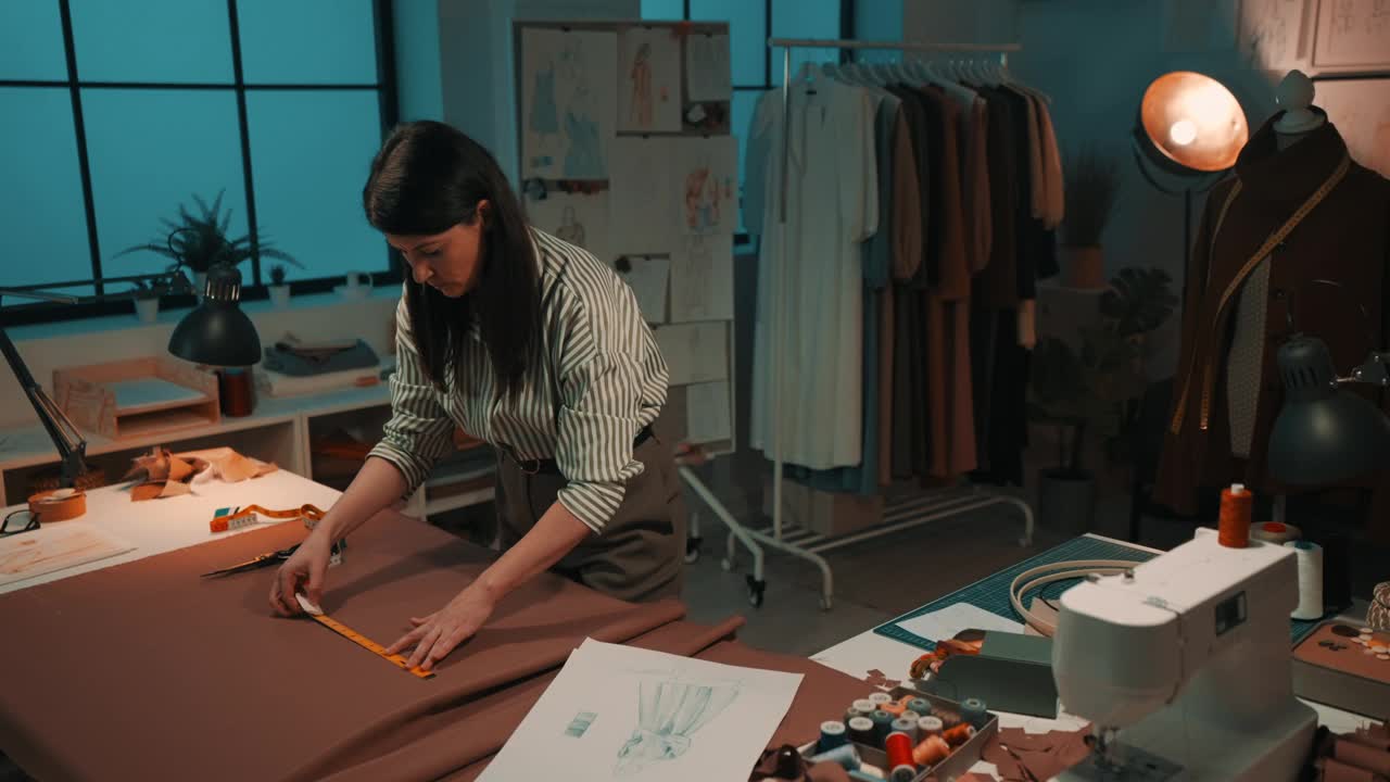 女工匠在深夜草拟新衣服的式样。视频下载