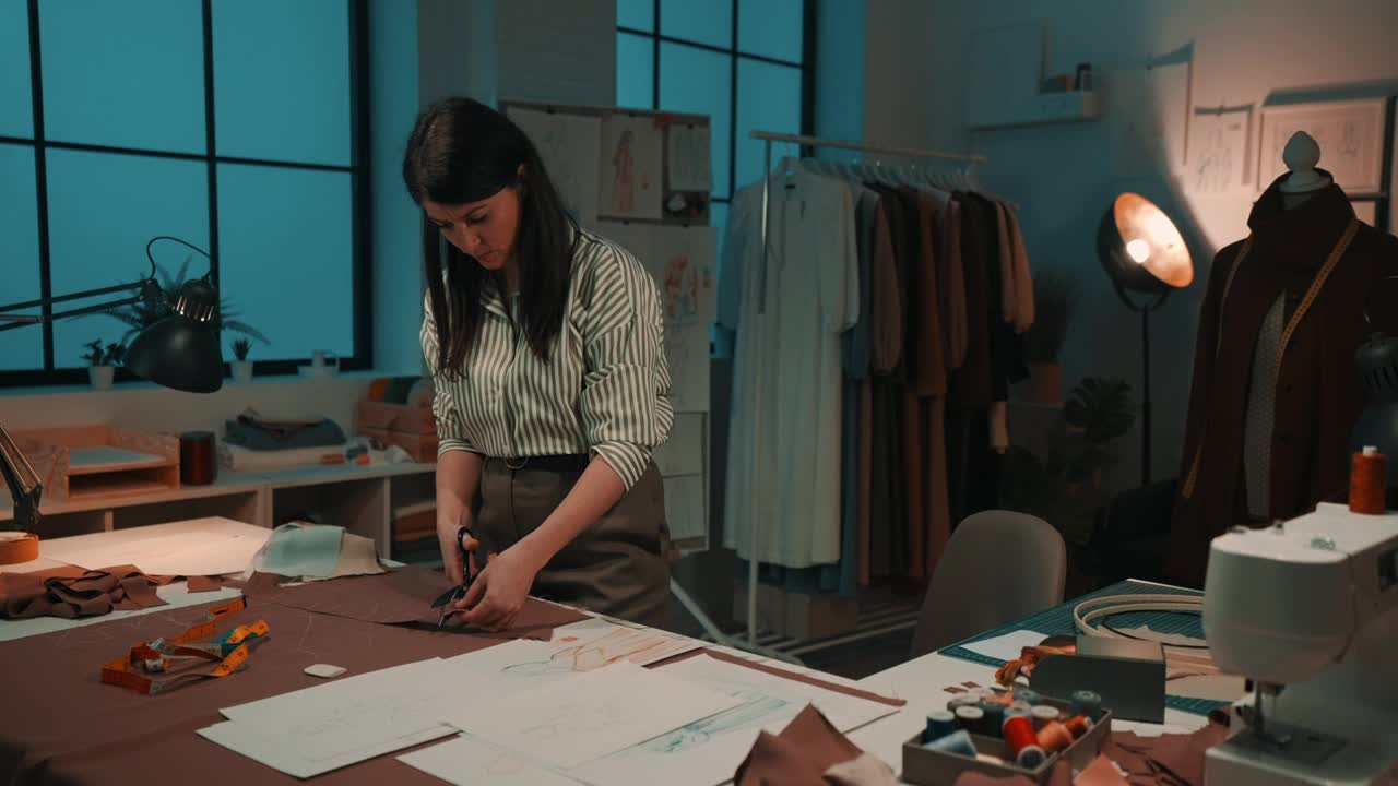 女裁缝晚上在服装工作室精心制作服装。视频下载