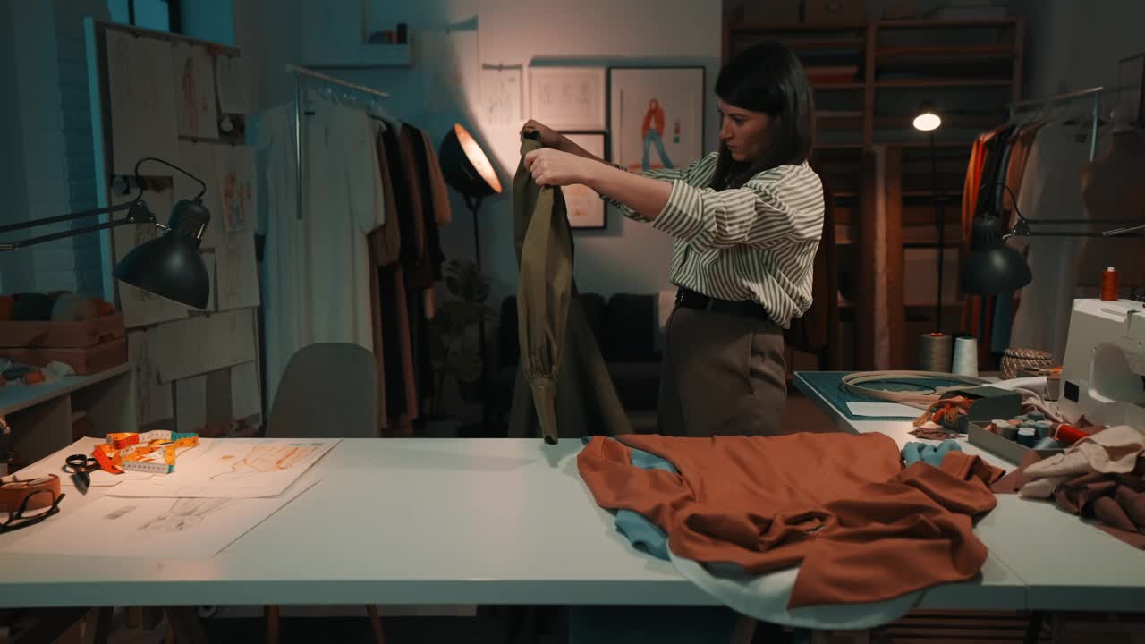 女时装工匠在晚上的工作室里提炼新的服装系列。视频下载