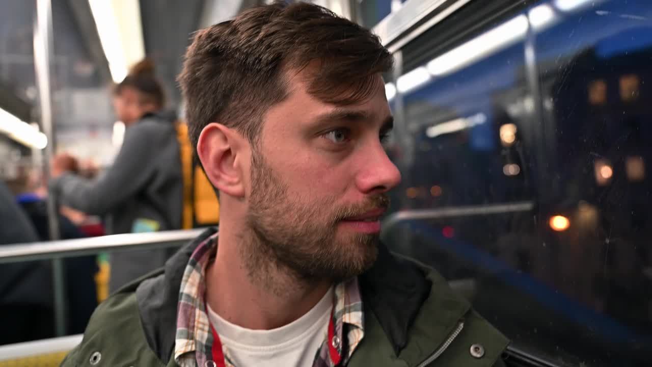 千禧一代企业家乘地铁上下班，看着窗外视频素材