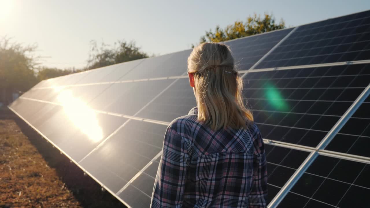 一名妇女走在小型家用太阳能发电厂的太阳能板旁视频下载