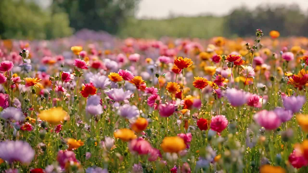 在阳光明媚的日子里，花园里五颜六色的花朵在模糊的背景下绽放视频素材
