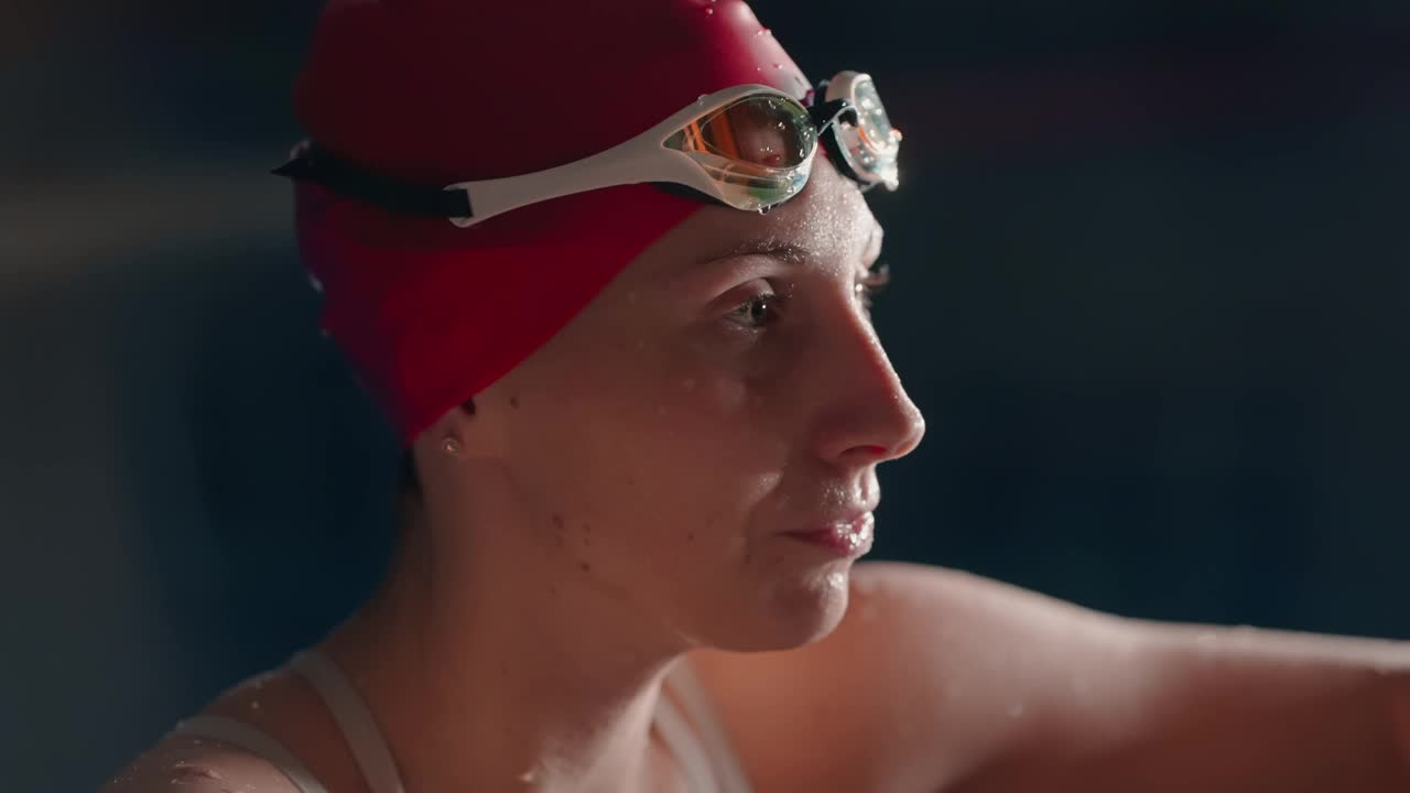 疲惫的女游泳运动员在泳池训练后呼吸困难，水中特写视频下载