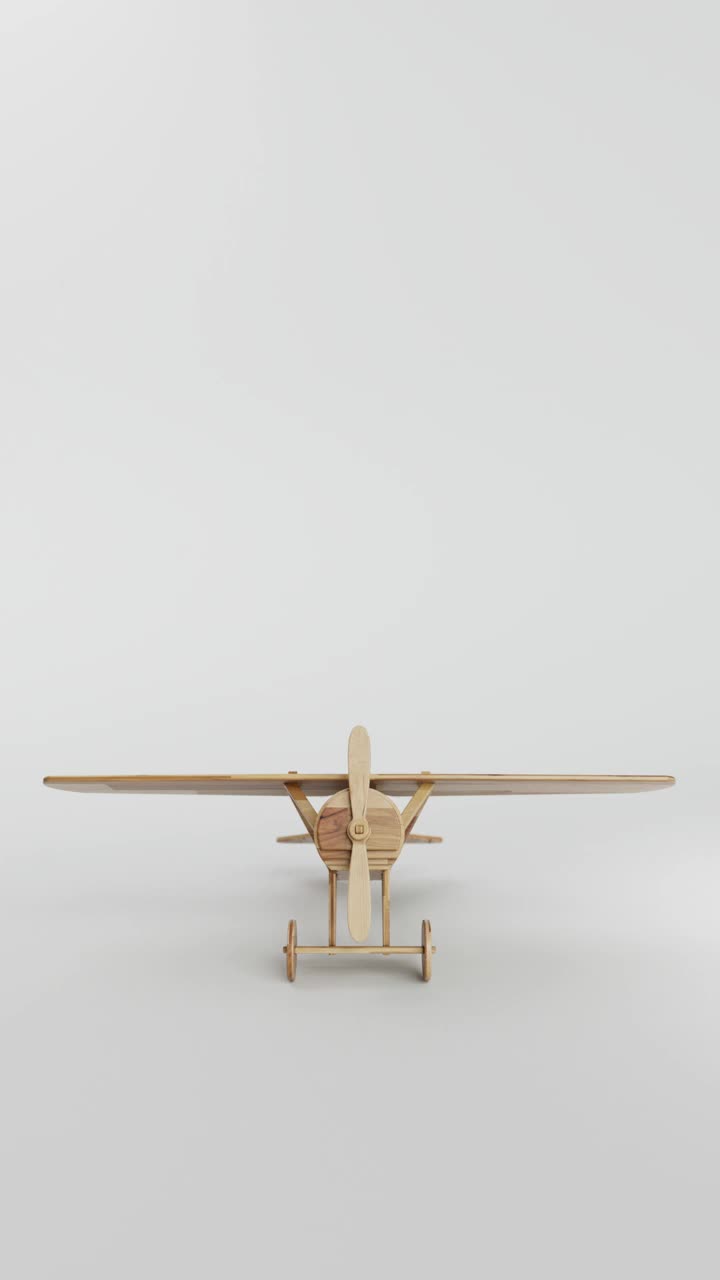 木制玩具双翼飞机与旋转螺旋桨3D动画循环视频下载