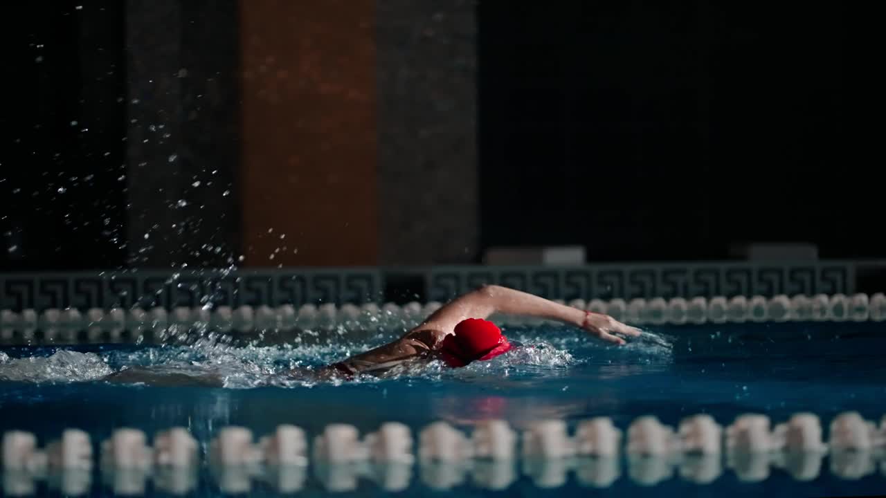 职业游泳运动员在泳池、慢动作、红帽女子在蓝水快速游泳的训练视频下载