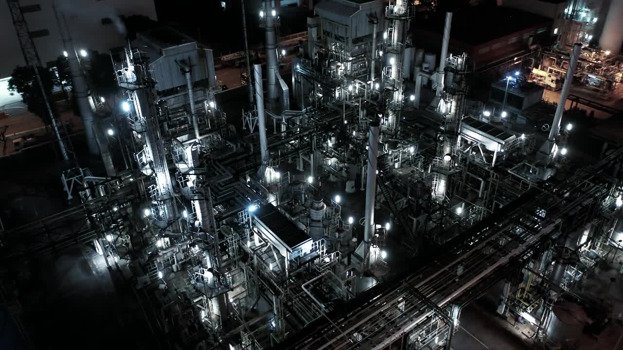 炼油厂形成工业区，鸟瞰油气工业视频下载