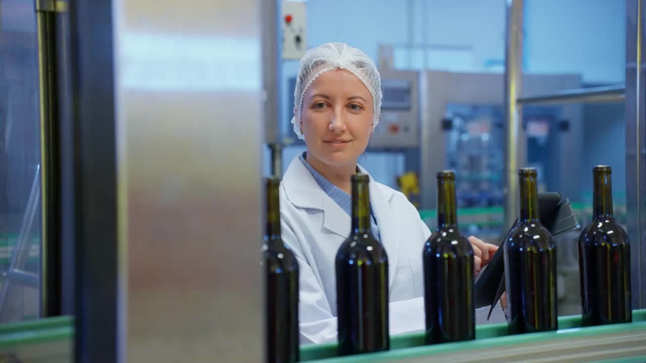 中年白人女研究员在一家酿酒厂内检查优质红酒自动装瓶生产线上的酒瓶质量。酿酒工厂。纺丝葡萄酒装瓶生产线。视频下载