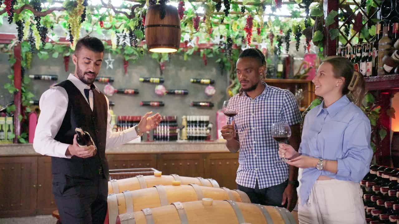 专业的南亚中年侍酒师说服他的两位顾客在葡萄酒工厂的老式酒窖里品尝木桶里的红葡萄酒。酒厂、酒楼、啤酒厂白酒制造行业和酿酒师的经营理念。视频下载