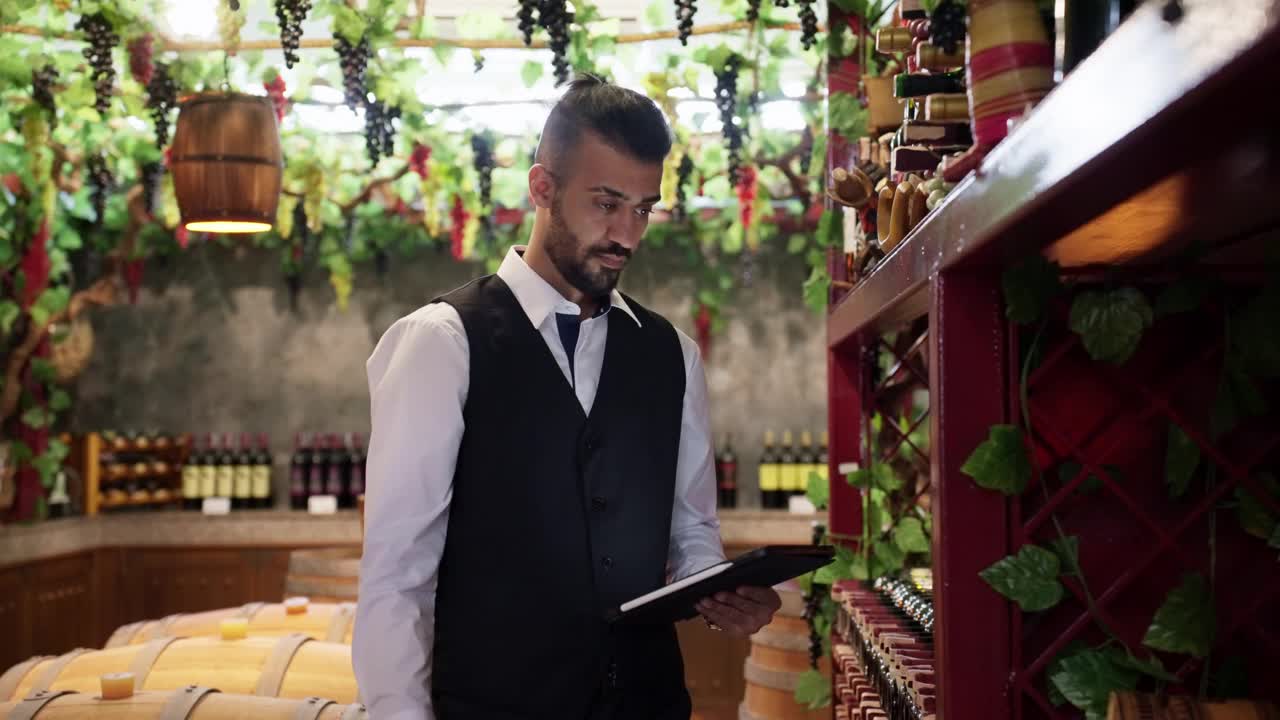 专业的南亚中年侍酒师使用条形码扫描器检查和记录葡萄酒发酵的数量和日期，葡萄酒仓库周围有大量的木橡木桶葡萄酒和酒窖货架上的酒瓶。视频下载