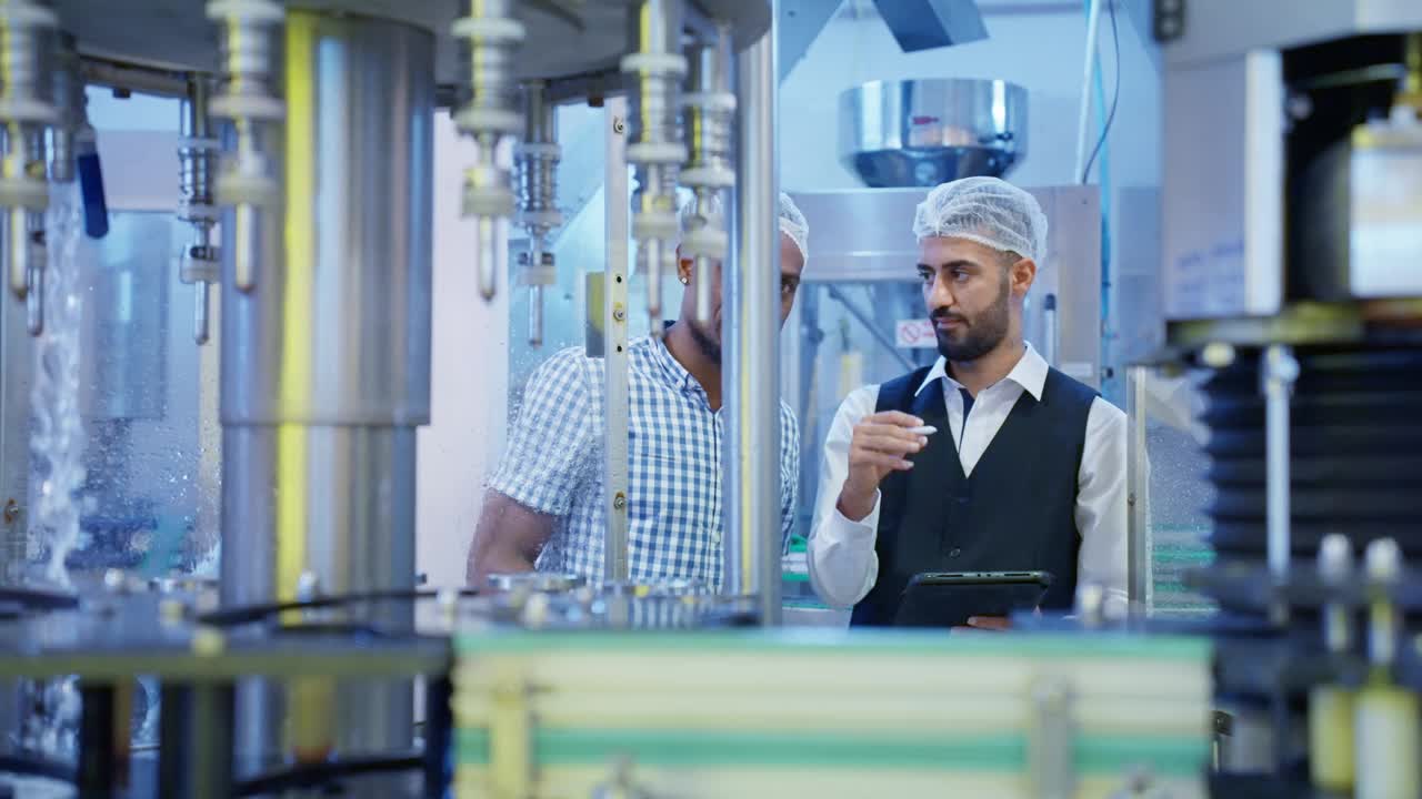 两名专业工程师，南亚男和非洲男在一家葡萄酒装瓶厂检查自动酒瓶灌装机是否正常工作。视频下载