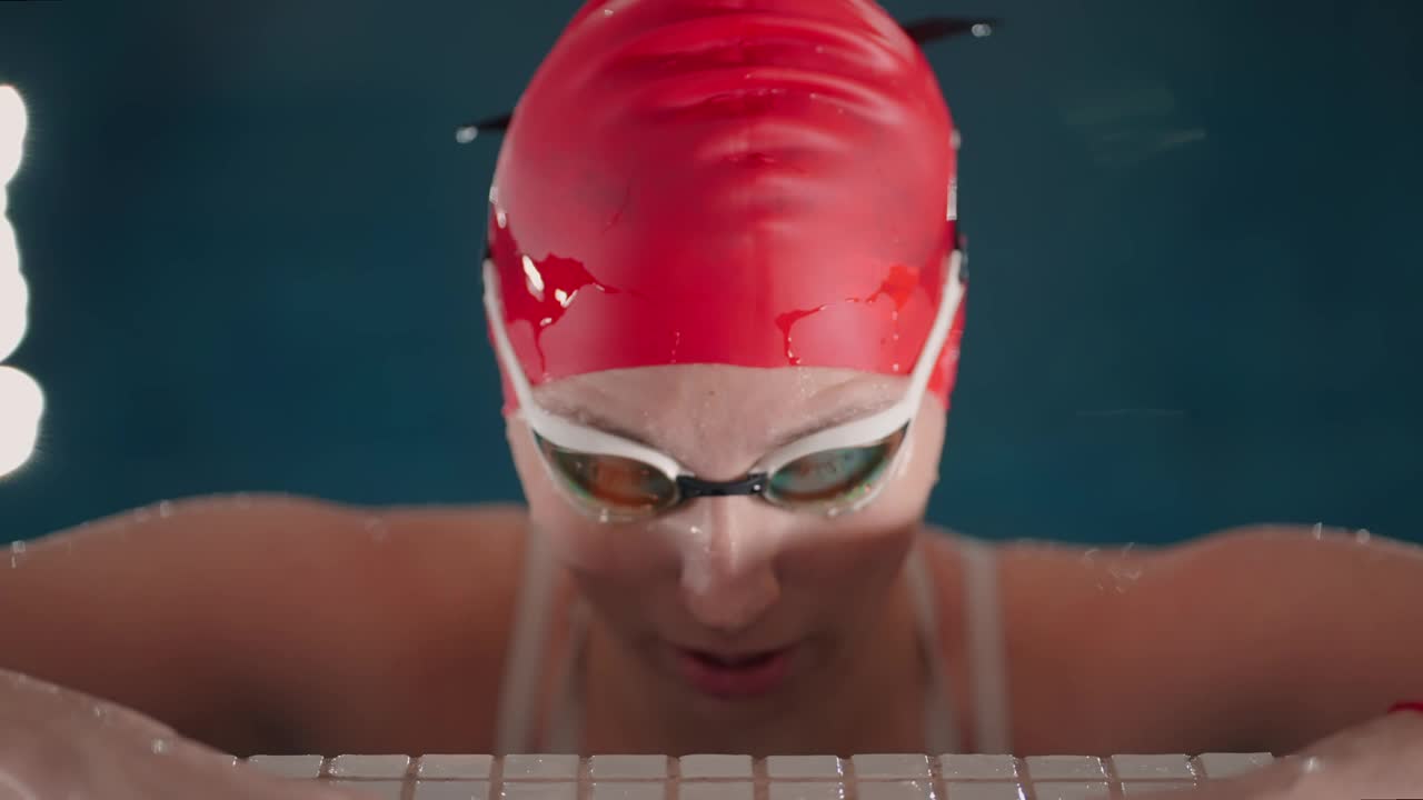 疲惫的女游泳运动员在游泳池的肖像，慢动作，年轻的成年女运动员视频下载