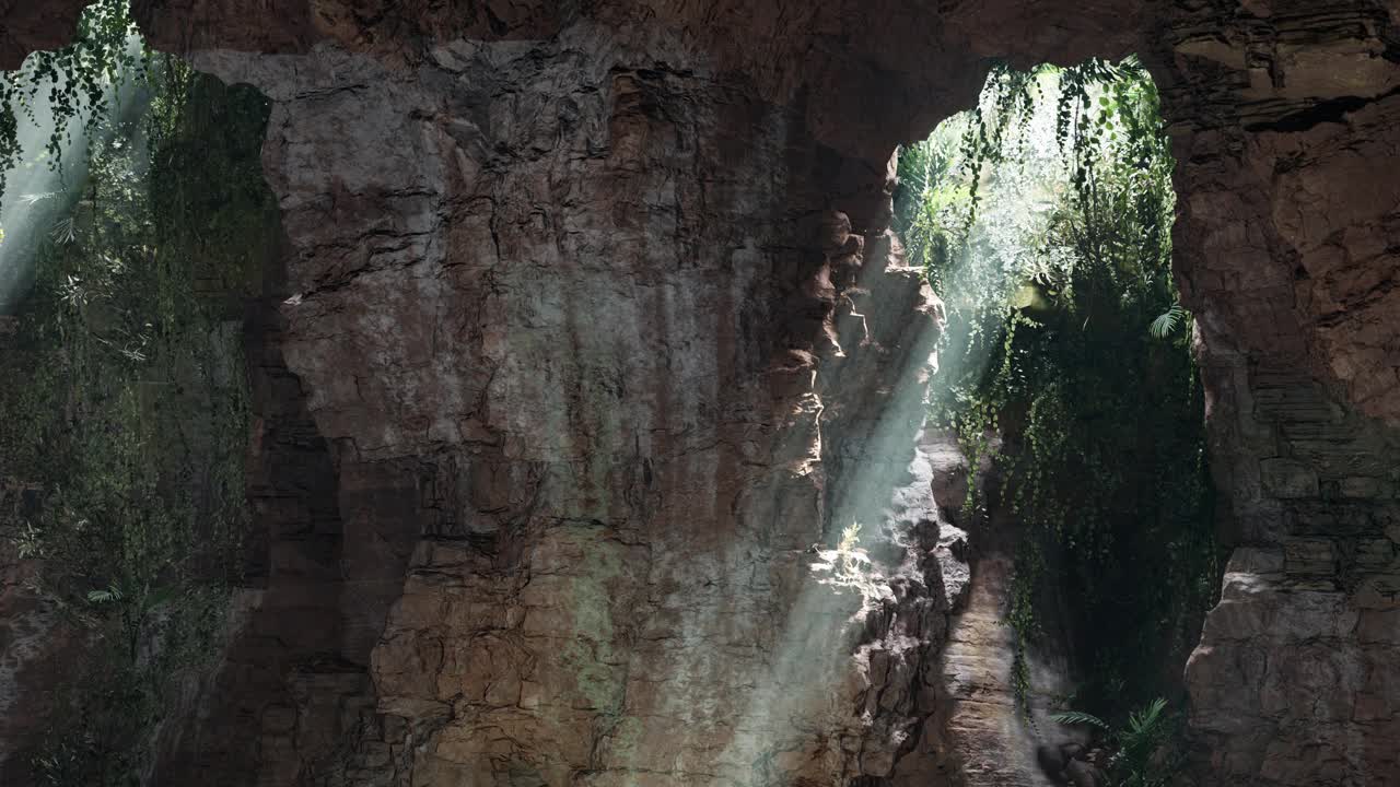 阳光透过岩石照射进来的洞穴视频素材