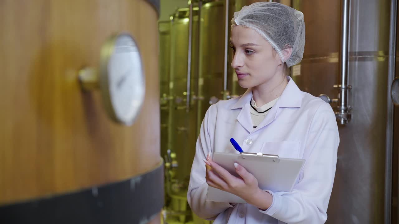 酿酒师在工厂检查和检查酒的生产，检验员在房间检查质量和发酵酒的储罐或桶，工业和制造概念。视频下载