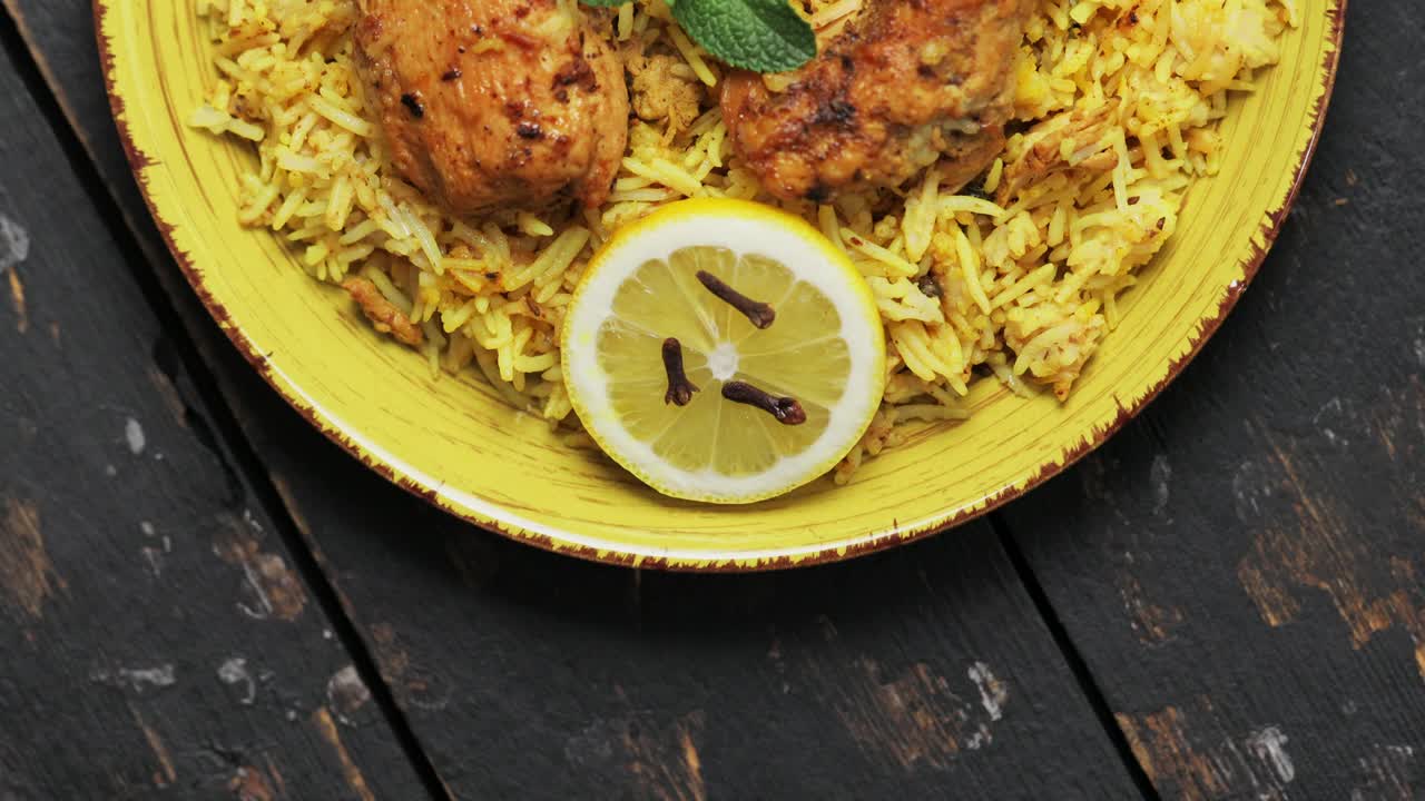 黄色盘子上的印度传统鸡肉香饭，特写镜头视频下载