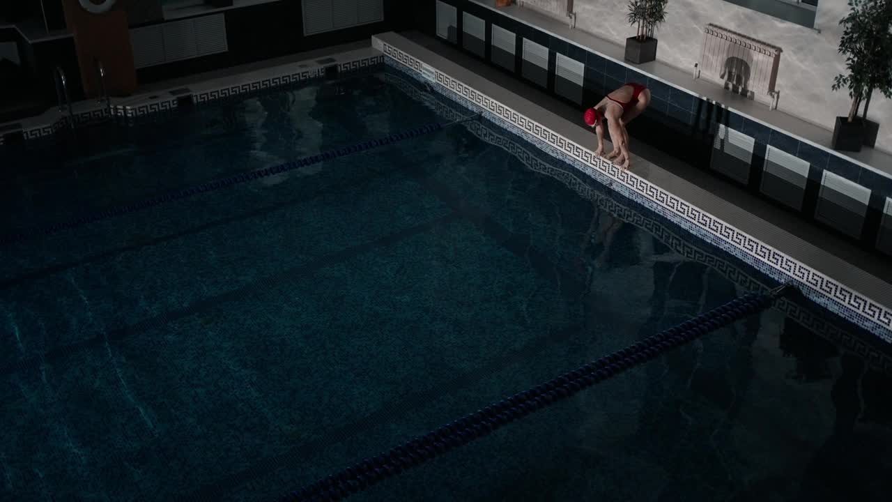职业游泳女子在水中跳跃和游泳在游泳池，慢动作，俯视图视频下载