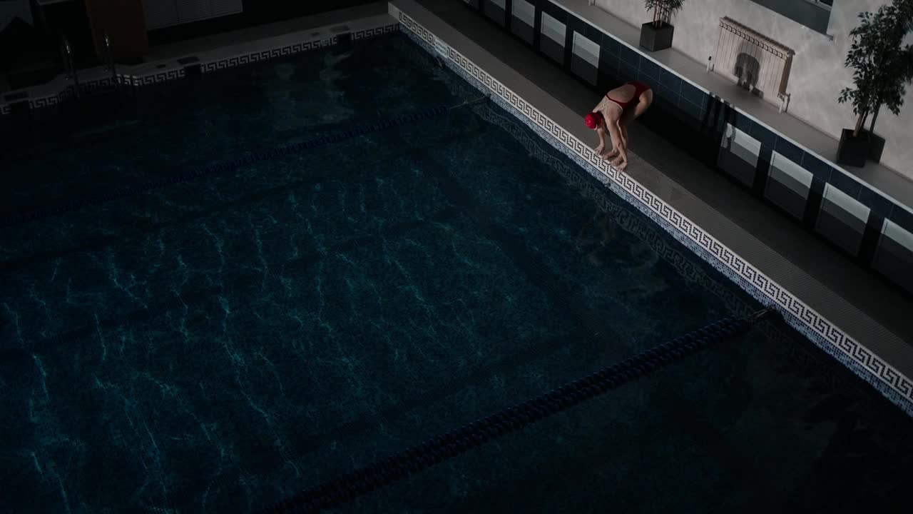 运动员女子在水中跳跃，在游泳池游泳，慢动作，俯视图视频下载