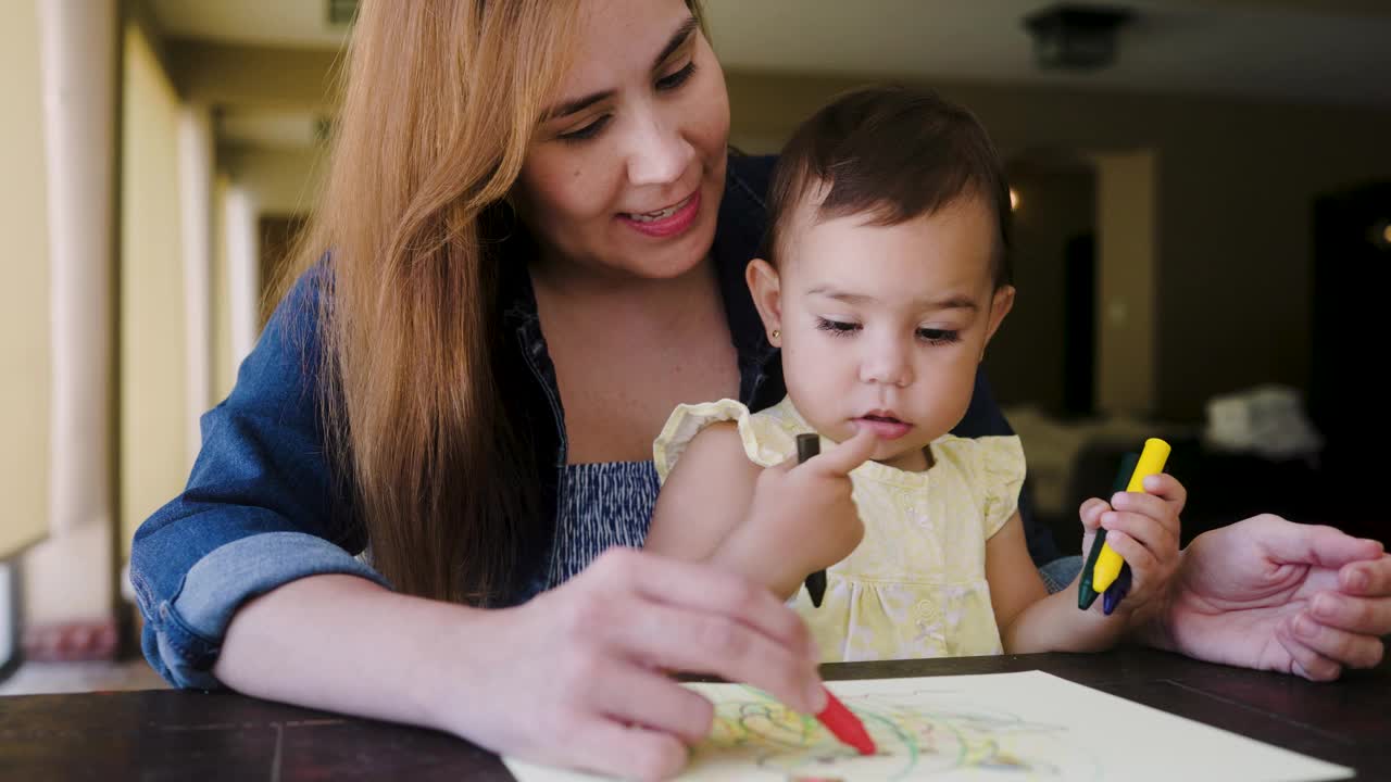 快乐的拉丁妈妈和宝贝女儿在家里用颜色画画。亲情关系概念视频下载