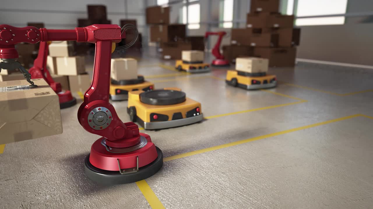 自动红色机械臂在仓库中举起纸板箱。3D动画视频下载