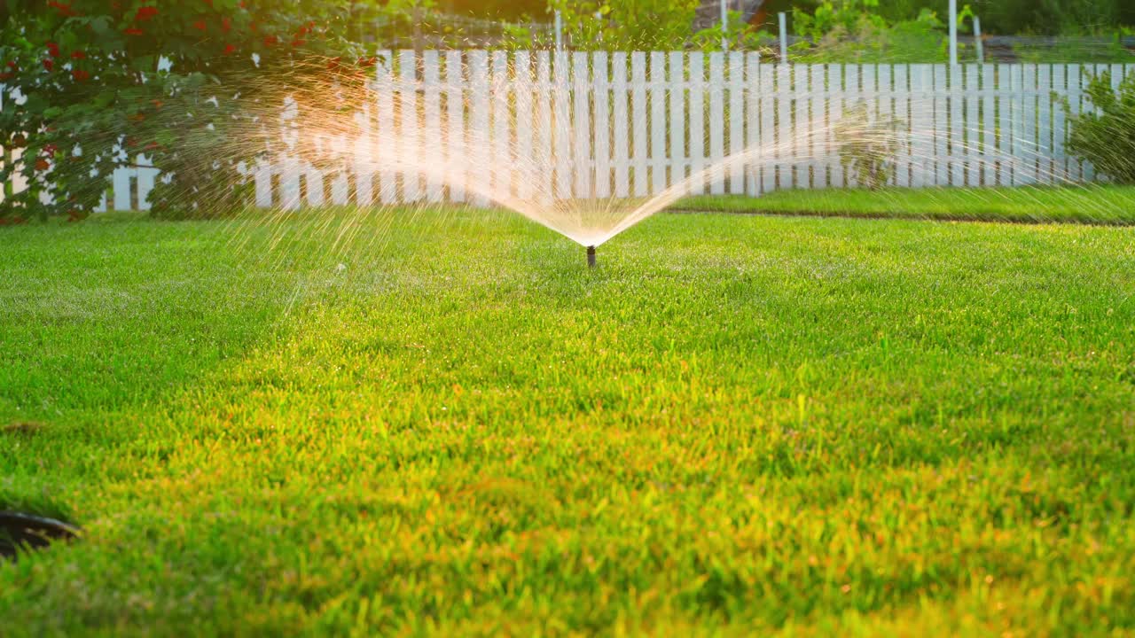 花园里修剪过的绿色草坪在晚上浇水。温暖的夏日夜晚，乡间别墅视频素材