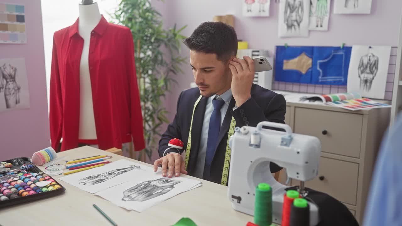 一个专注的年轻人在设计室里做裁缝，拿着草图和电话，周围是缝纫设备。视频下载