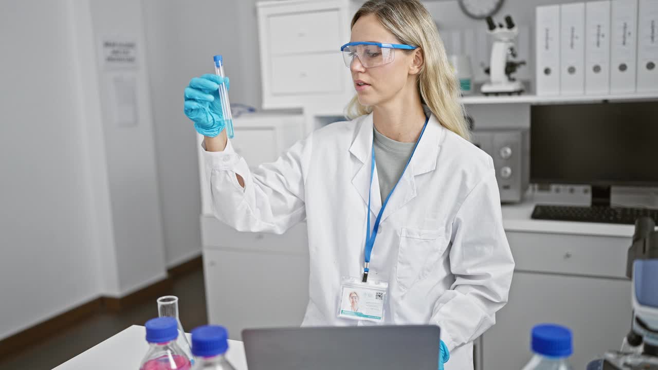 一位年轻的白人女性穿着实验室服装，在现代实验室环境中分析试管，象征着研究和科学。视频下载