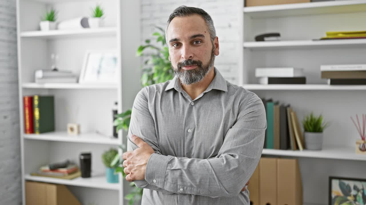 一个自信成熟的男人，留着灰白的头发，穿着一件衬衫，双臂交叉站在一间现代的白色办公室里。视频下载
