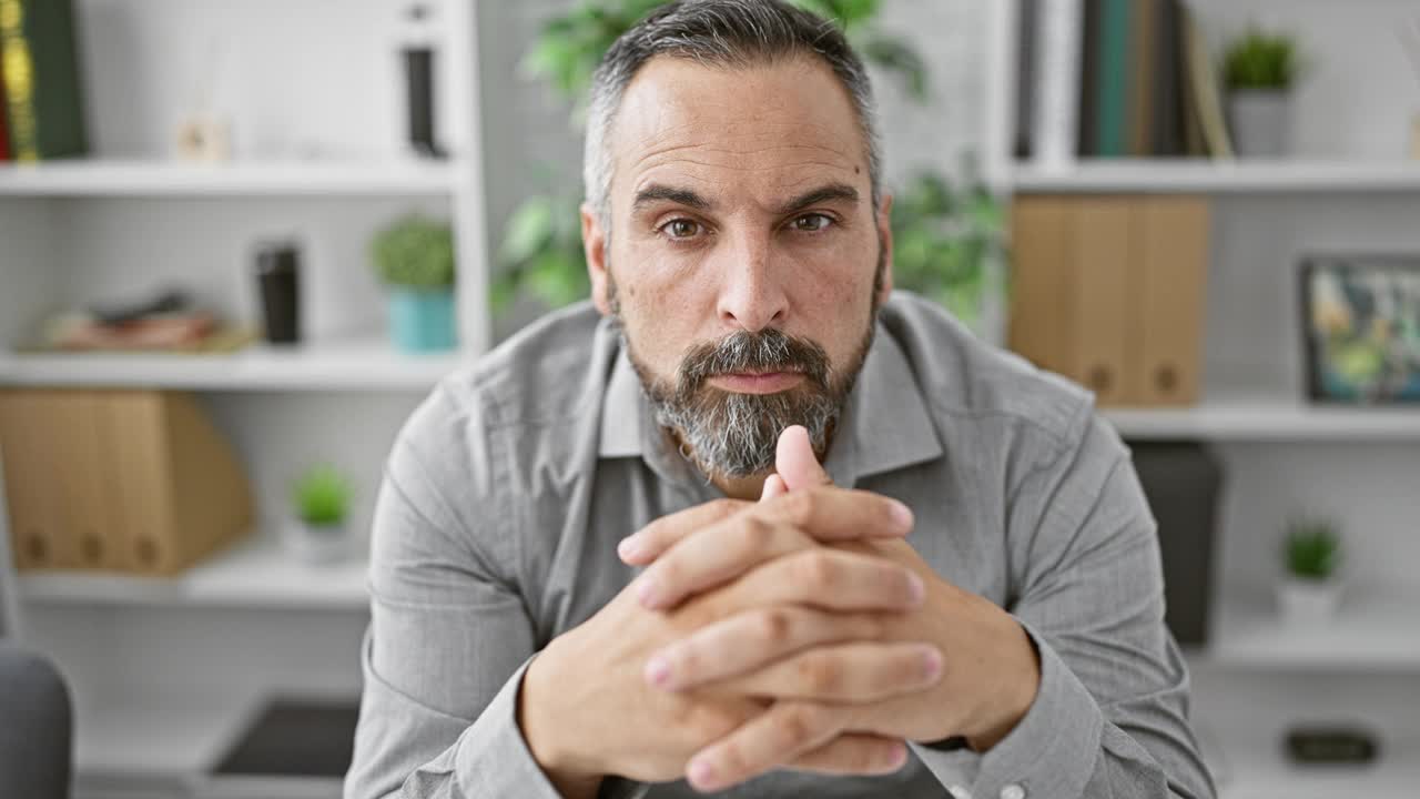 在现代办公环境中，一个留着胡子、头发花白、专注的成熟男人的肖像。视频下载