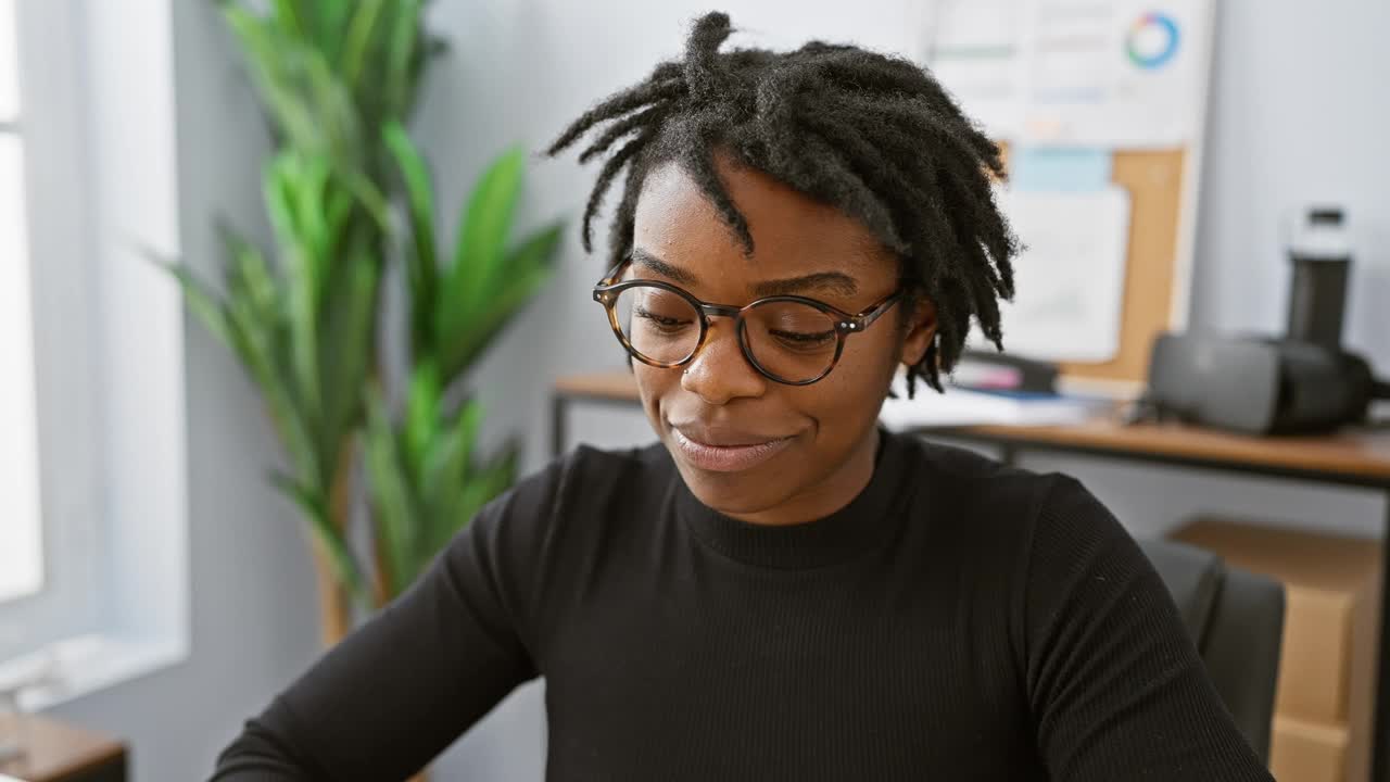 一位留着脏辫的年轻黑人女性露出舌头，一边在办公室的笔记本电脑前开心地工作，表情滑稽。超级快乐，充满积极的氛围。视频下载